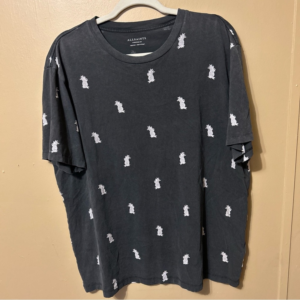 All Saints Men’s Pineapple Tee Shirt Short Sleeve Black White Oversized Fit M